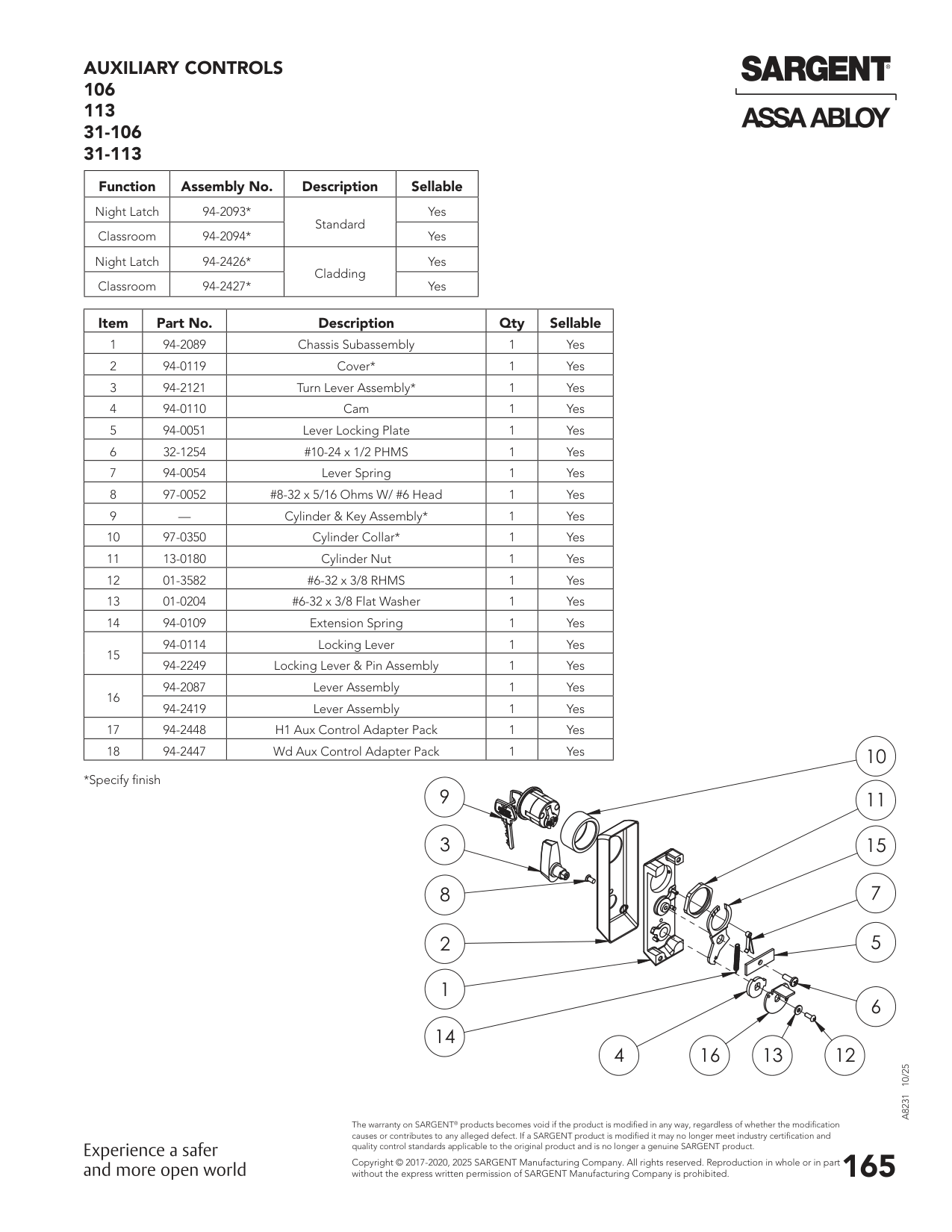 Sargent 94-0114 Lever Parts List