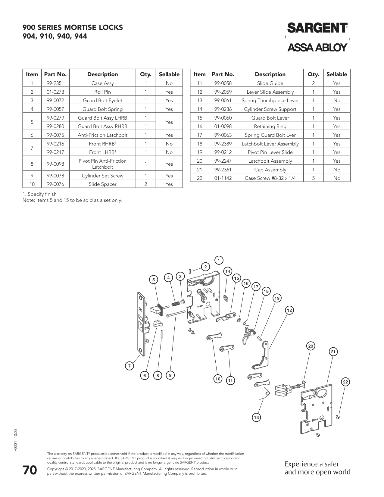 Sargent 99-0076 Part Parts List