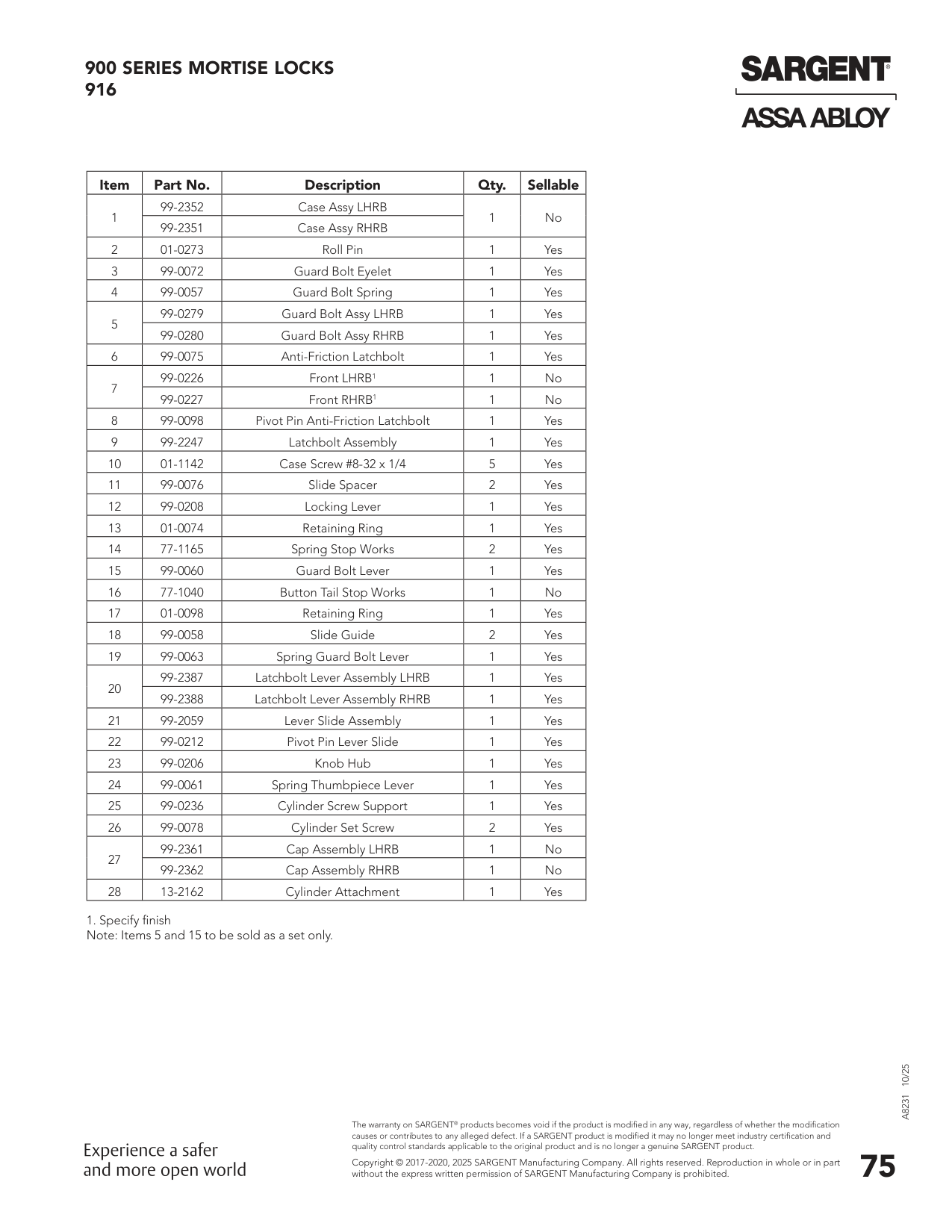 Sargent 99-0226 Part Parts List