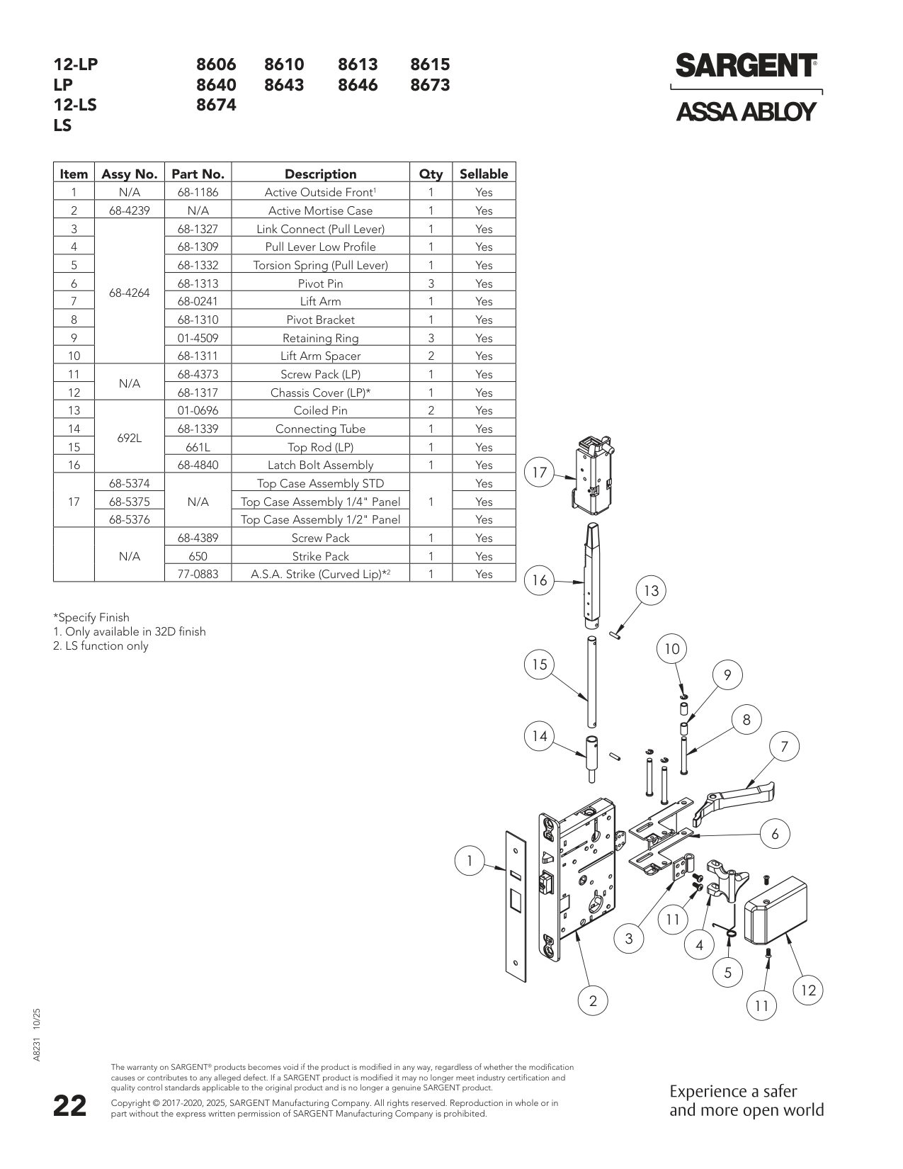 Sargent 68-1186 Part Parts List