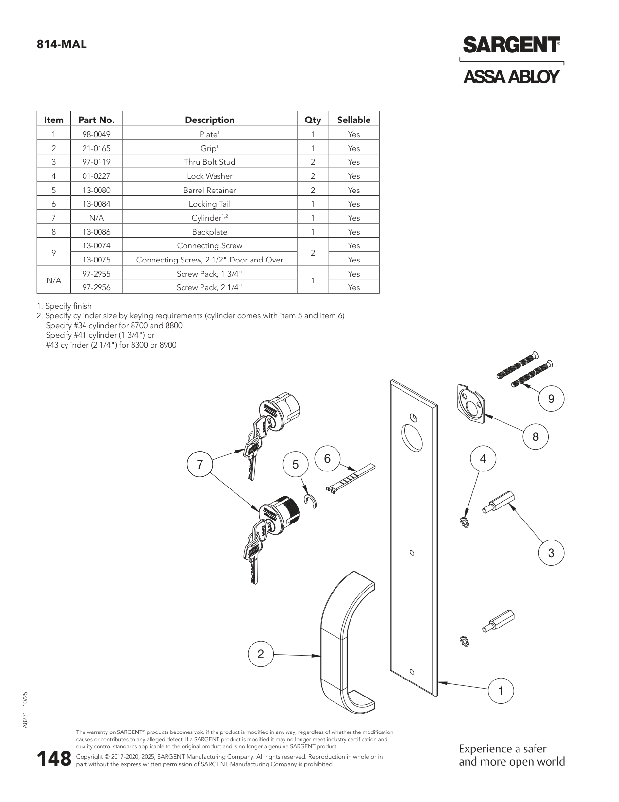 Sargent 98-0049 Part Parts List