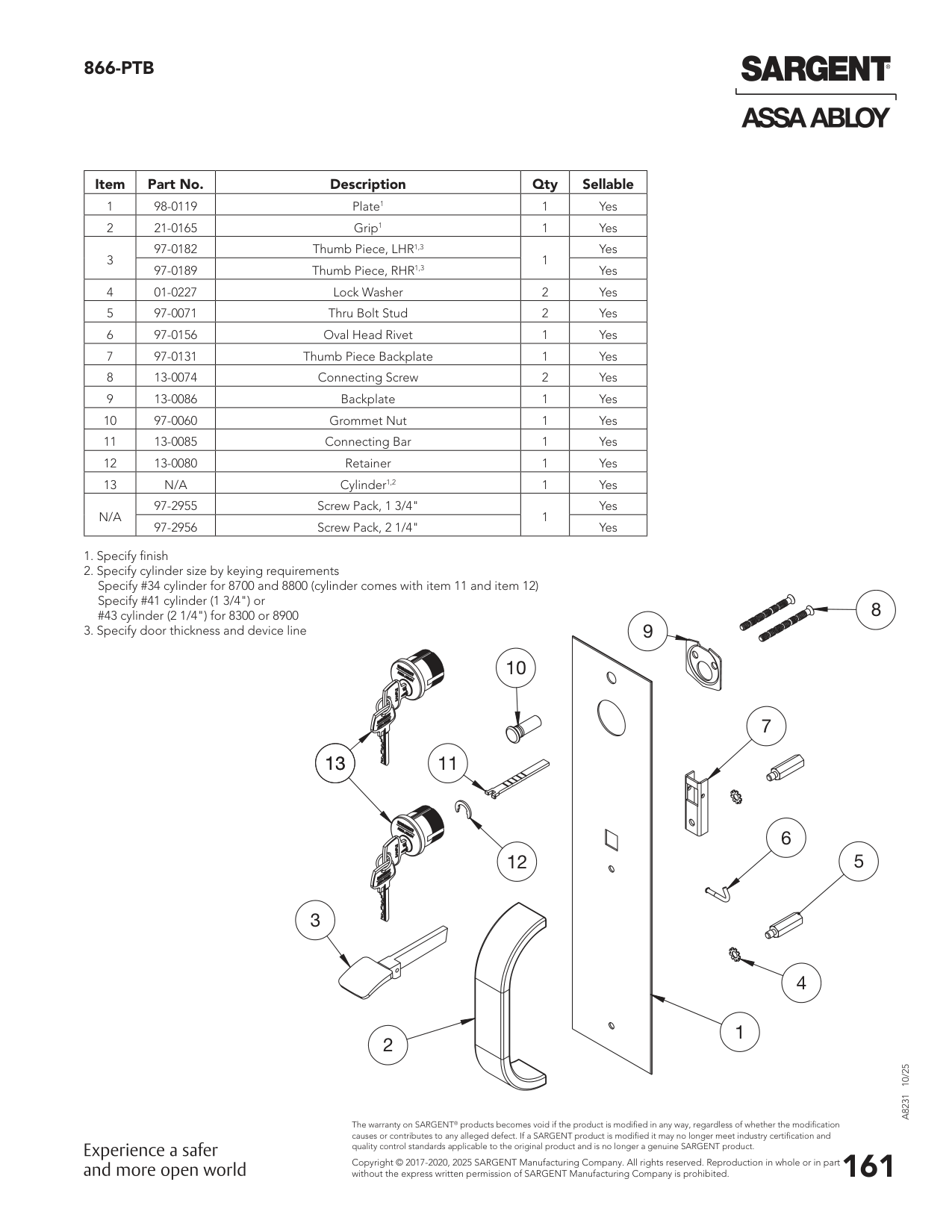 Sargent 98-0119 Part Parts List