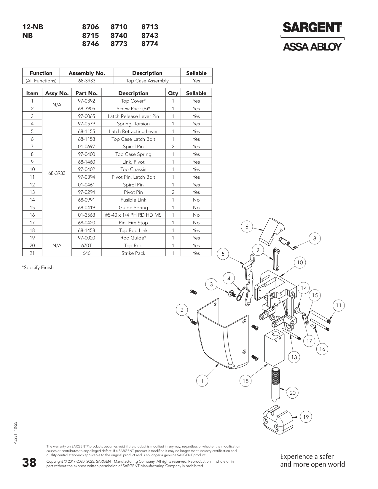 Sargent 68-0419 Spring Parts List