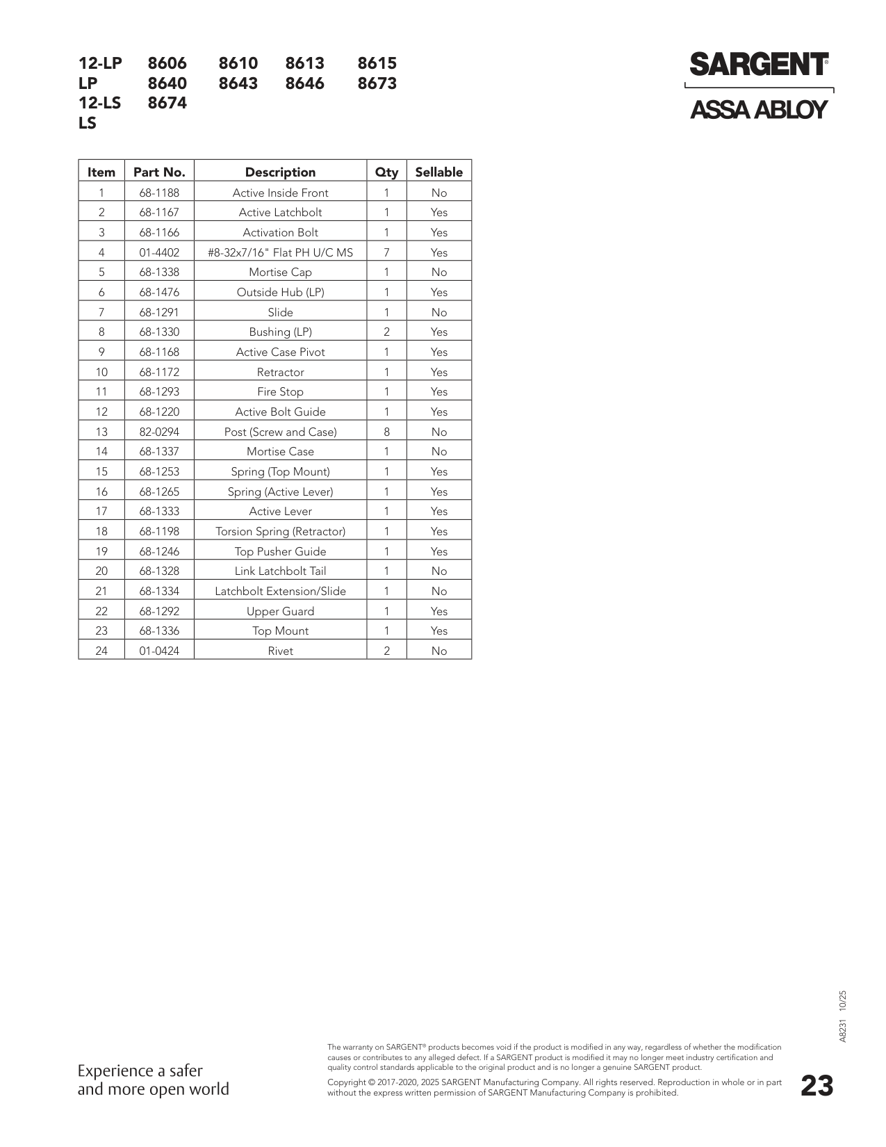 Sargent 68-1172 Part Parts List