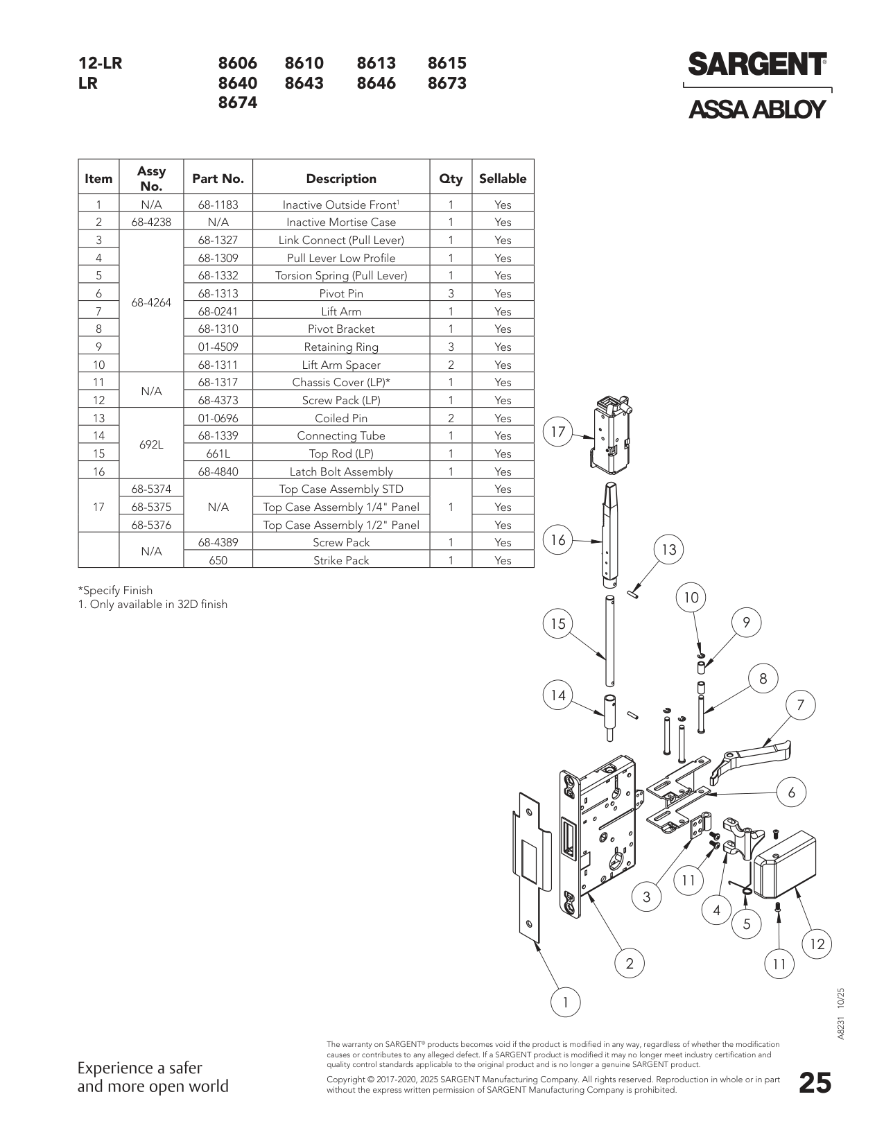 Sargent 68-1183 Part Parts List