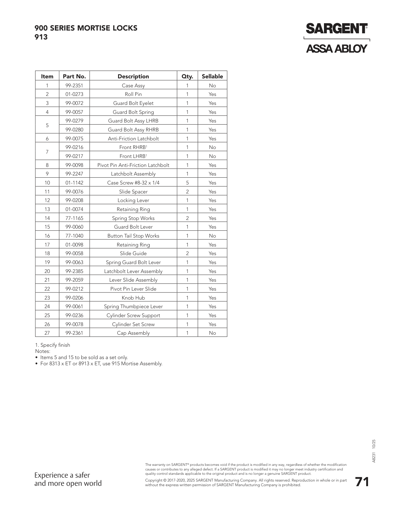 Sargent 99-0208 Lever Parts List