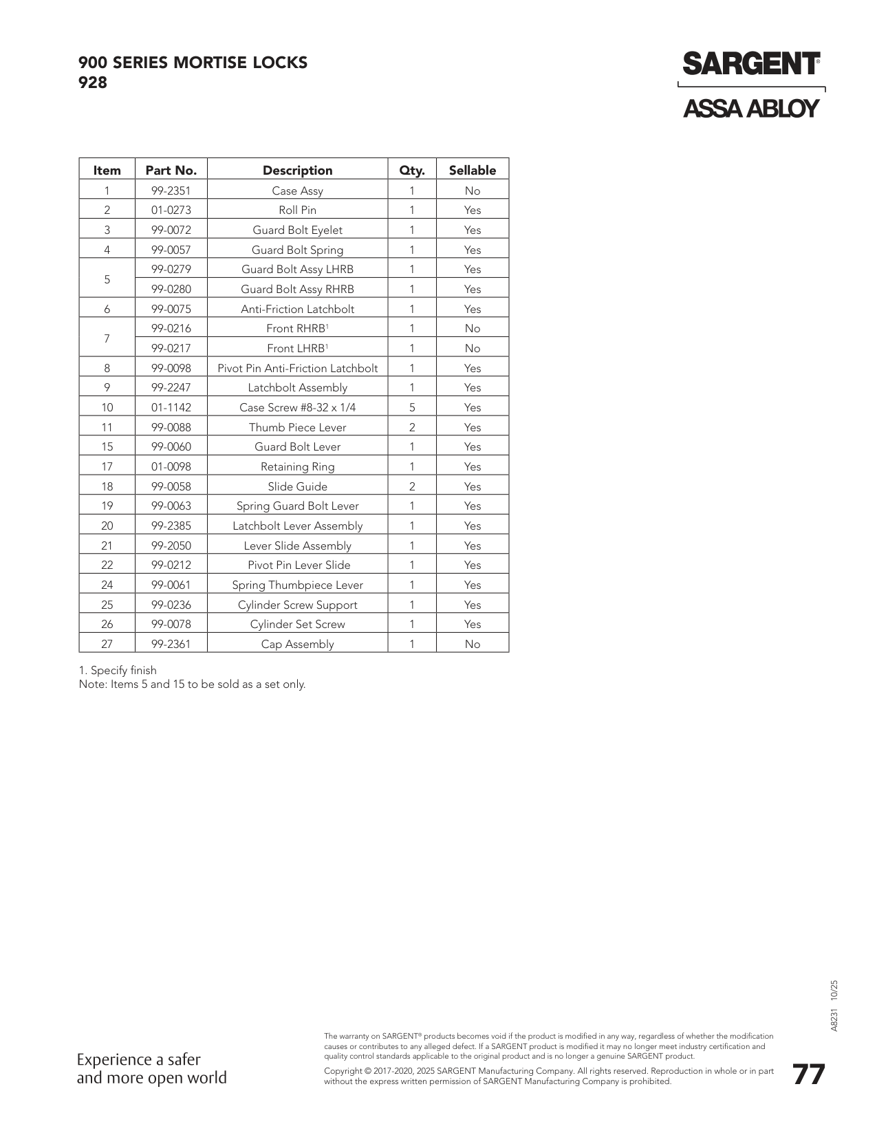 Sargent 99-2050 Assembly Parts List