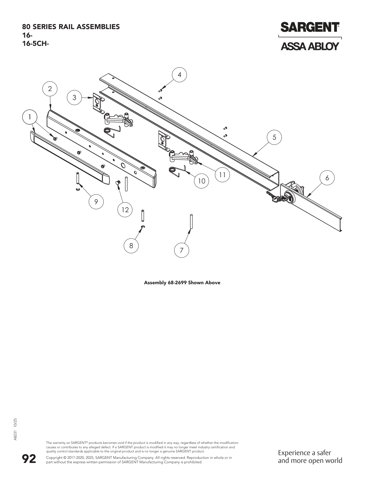 Sargent 68-2699 Rail Assembly Parts List