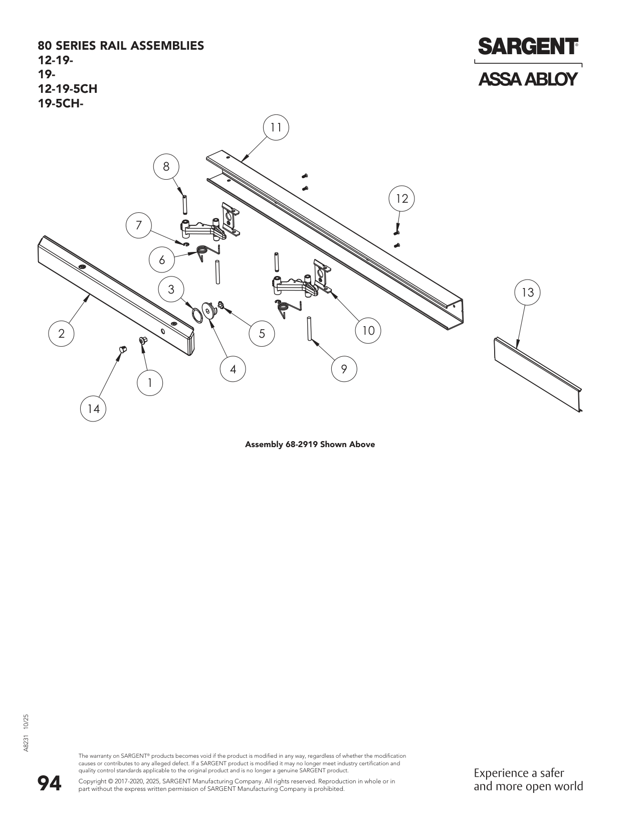 Sargent 68-2914 Rail Assembly Parts List
