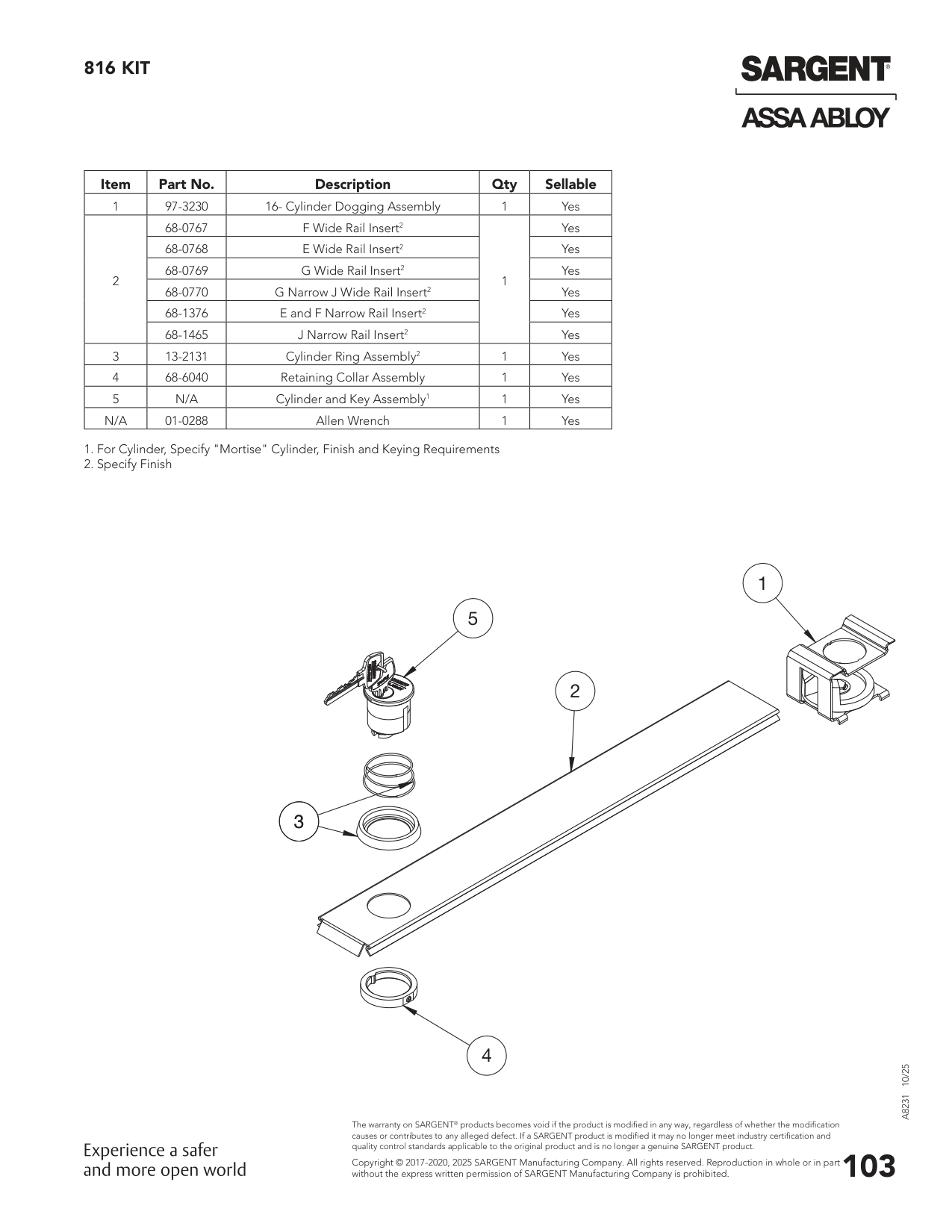 Sargent 68-0768 Rail Assembly Parts List