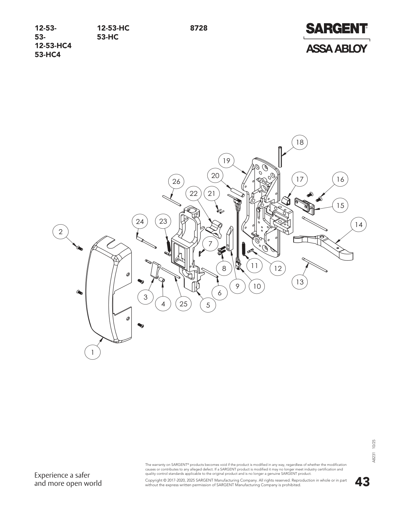 Sargent 68-3830 Assembly Parts List