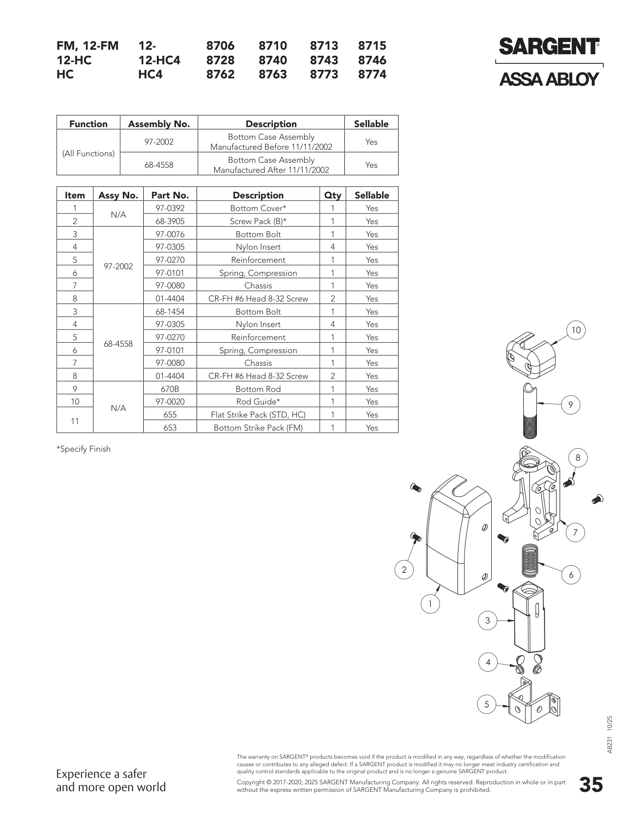 Sargent 97-0076 Part Parts List