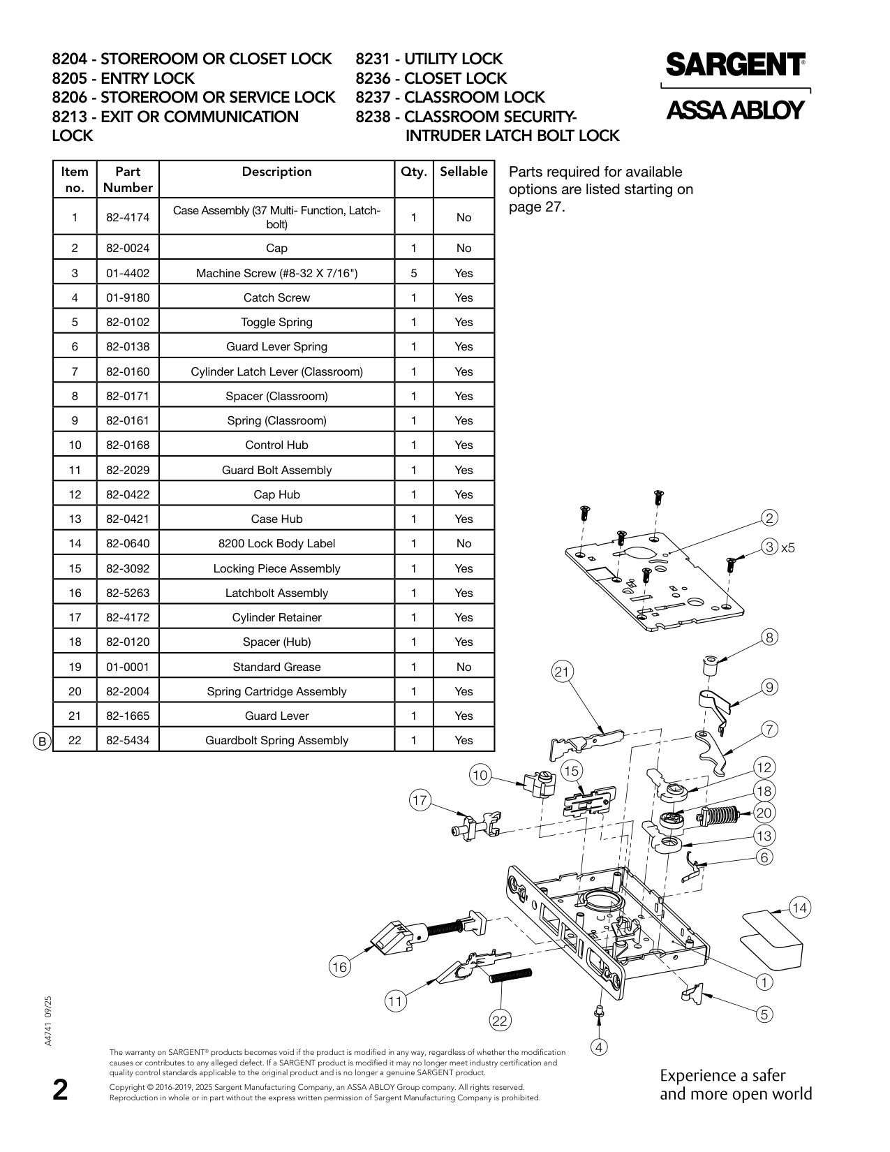 Sargent 01-9180 Screw Parts List