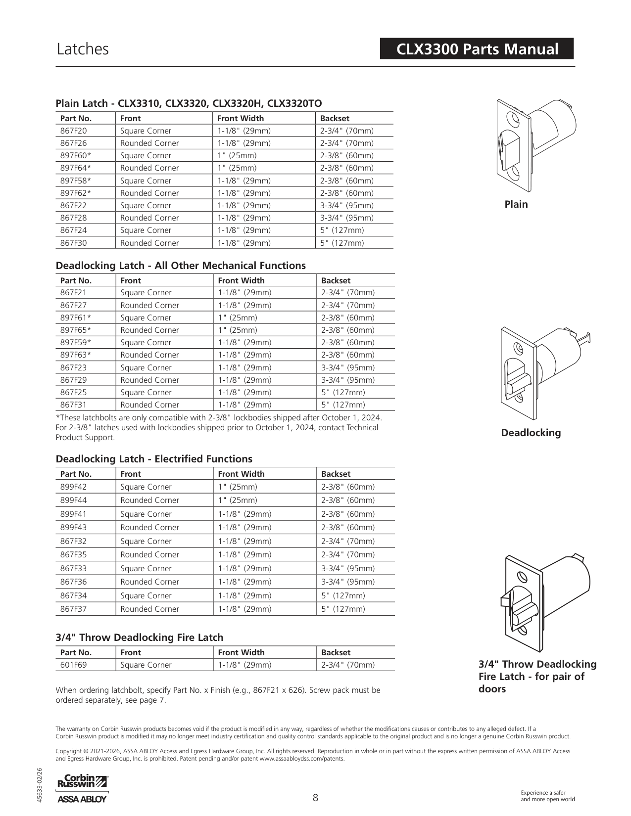 Corbin Russwin 601F69 Fire Latch Assembly Exploded Diagram