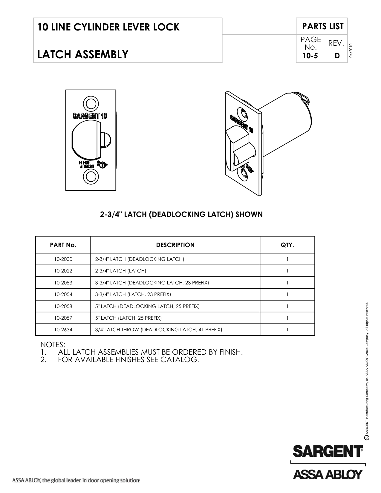Sargent 10-2634 Latch Parts List & Diagram