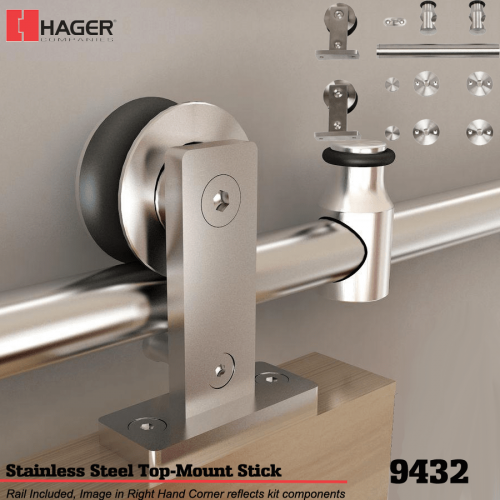 Hager 9432 Stainless Steel Barn Door Track and Hardware Set with Round Rail Track and Top-Mount Hangers for Wood Doors