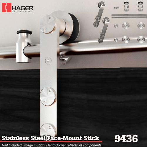 Hager 9436 Stainless Steel Barn Door Track Set with Hardware Kit, Round Rail Track with Face-Mount Hanger for Wood or Glass Doors