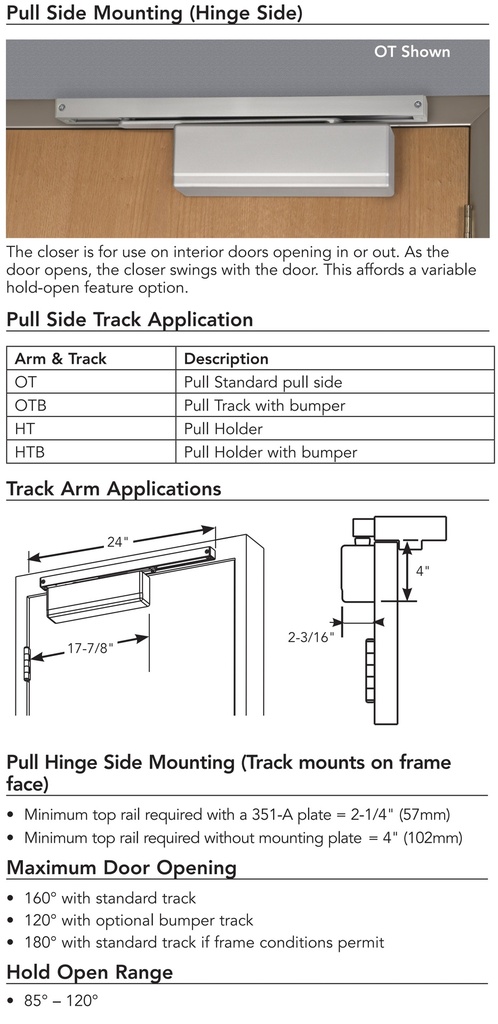 Sargent 351 HTB Door Closer with PULL Side Hold Open Track Arm with Bumper