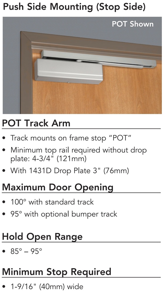 Sargent 1431 POTB Door Closer with PUSH Side Track Arm with Bumper
