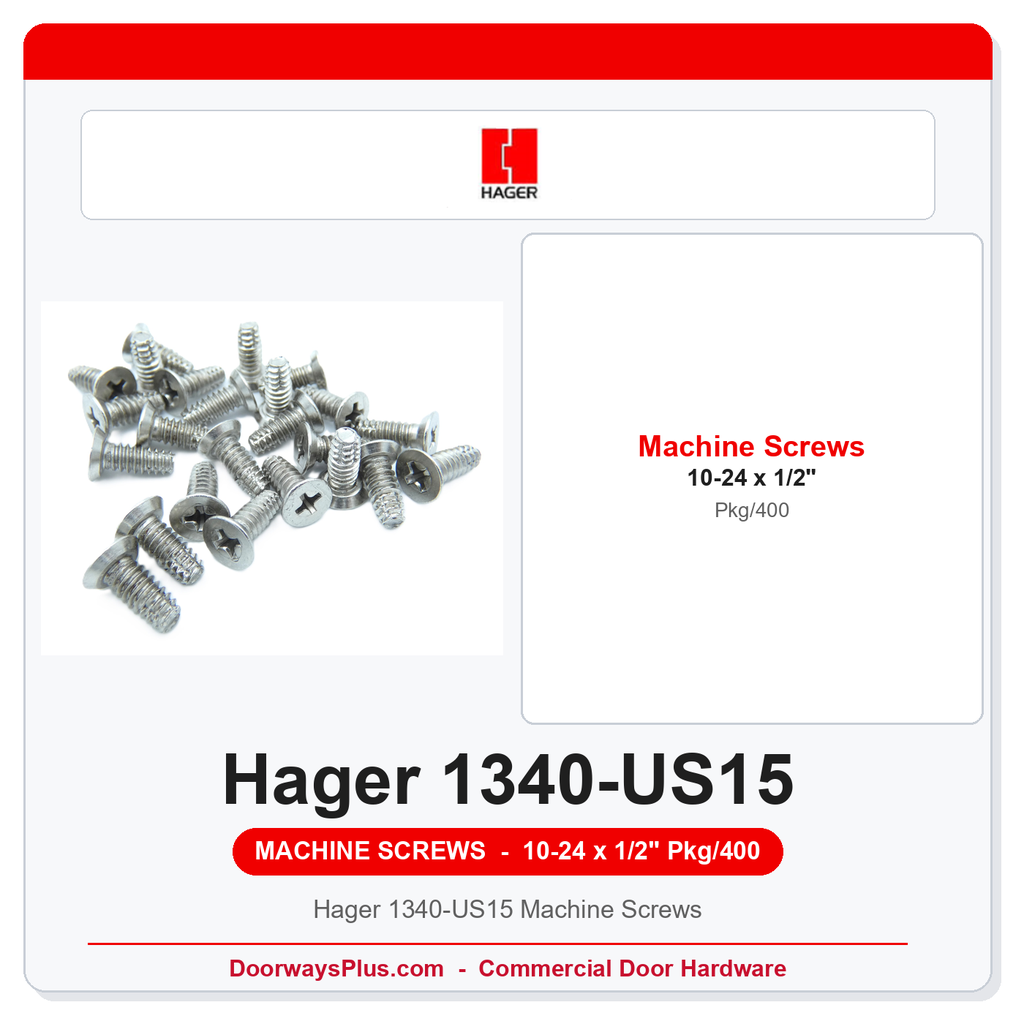 Hager 1340-US15 Machine Screws | #10-24 x 1/2" Satin Nickel | 24 or 400 Pack