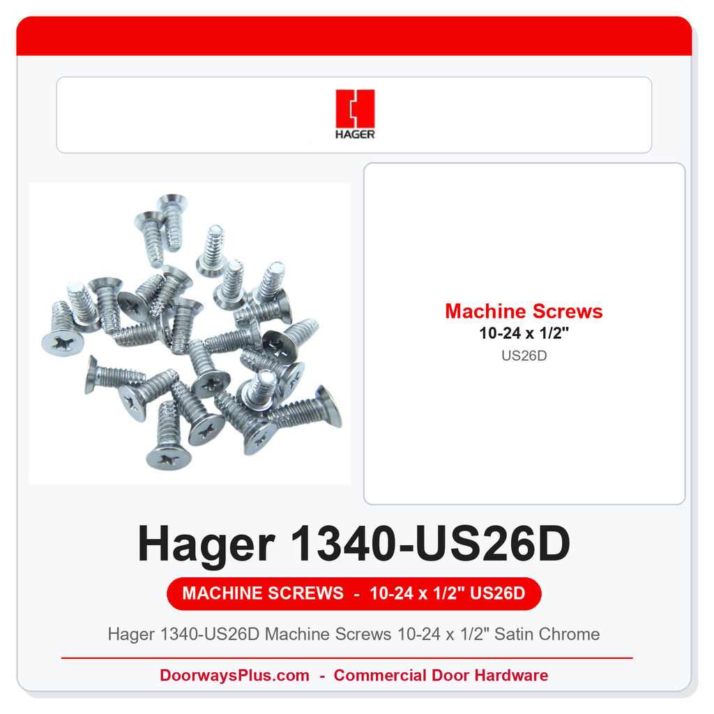 Hager 1340-US26D Machine Screws 10-24 x 1/2" Satin Chrome | Pkg of 24 or 400