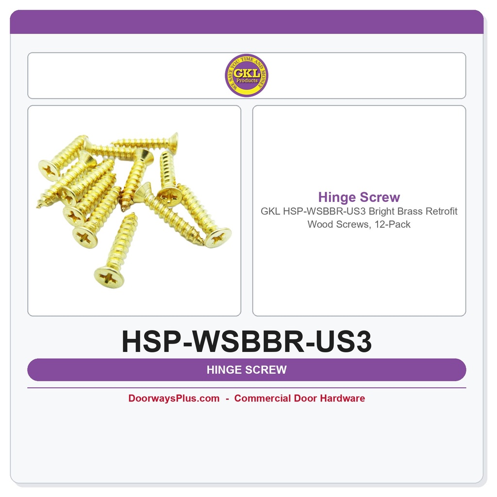 GKL HSP-WSBBR-US3 Bright Brass Retrofit Wood Screws, 12-Pack