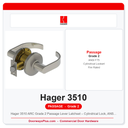 Hager 3510 ARC Grade 2 Passage Lever Latchset – Cylindrical Lock, ANSI F75, UL Fire Rated