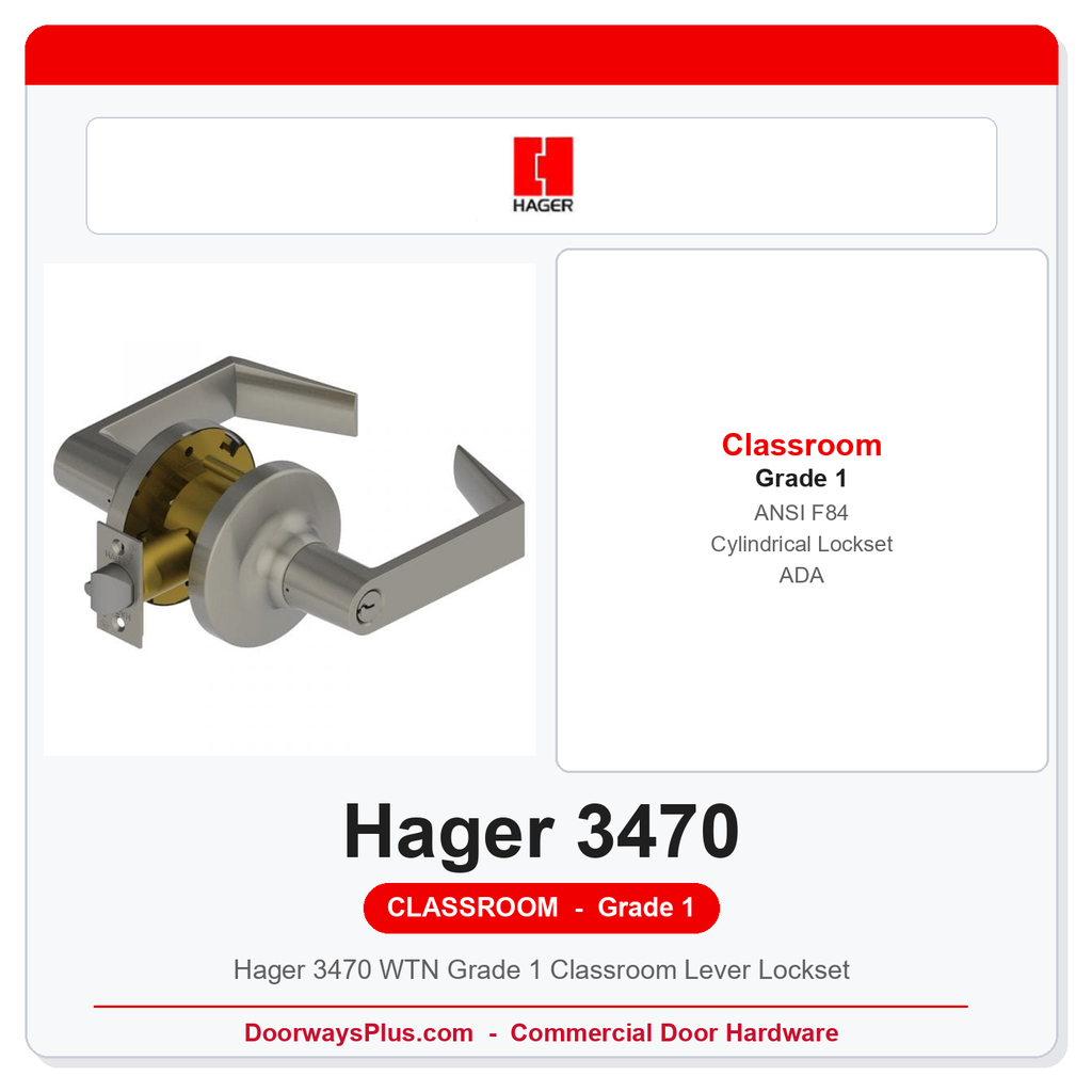 Hager 3470 WTN Grade 1 Classroom Lever Lockset | ANSI F84 | ADA