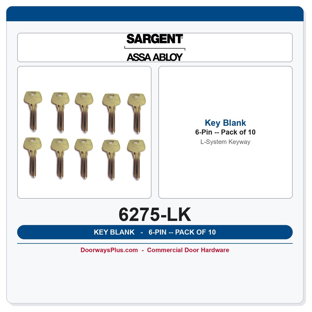 Sargent 6275LK 6-Pin L Keyway Key Blank, Nickel Silver – Pack of 10
