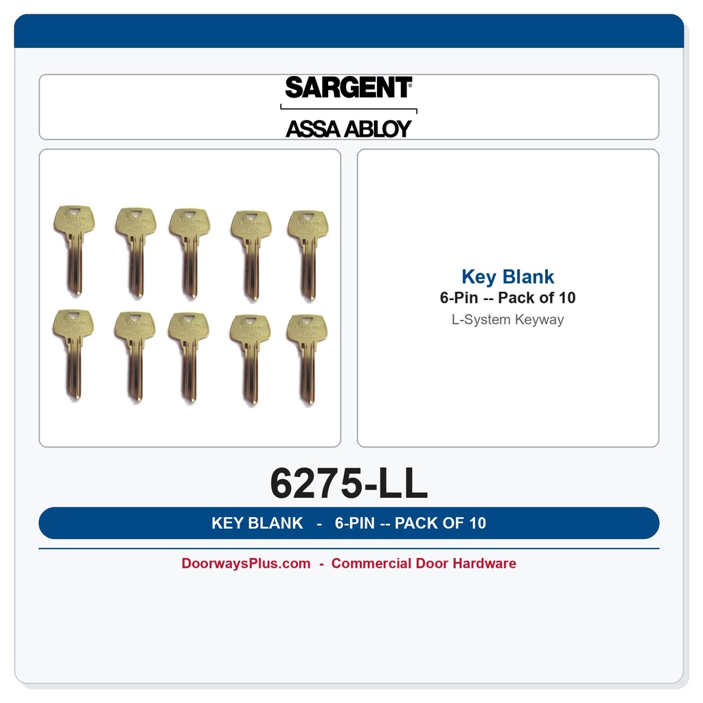 Sargent 6275 LL 6-Pin Key Blank, L Keyway – Pack of 10