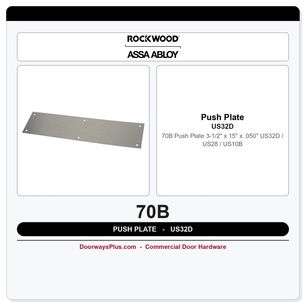 Rockwood 70B Push Plate | 3-1/2" x 15" x .050" | US32D / US28 / US10B