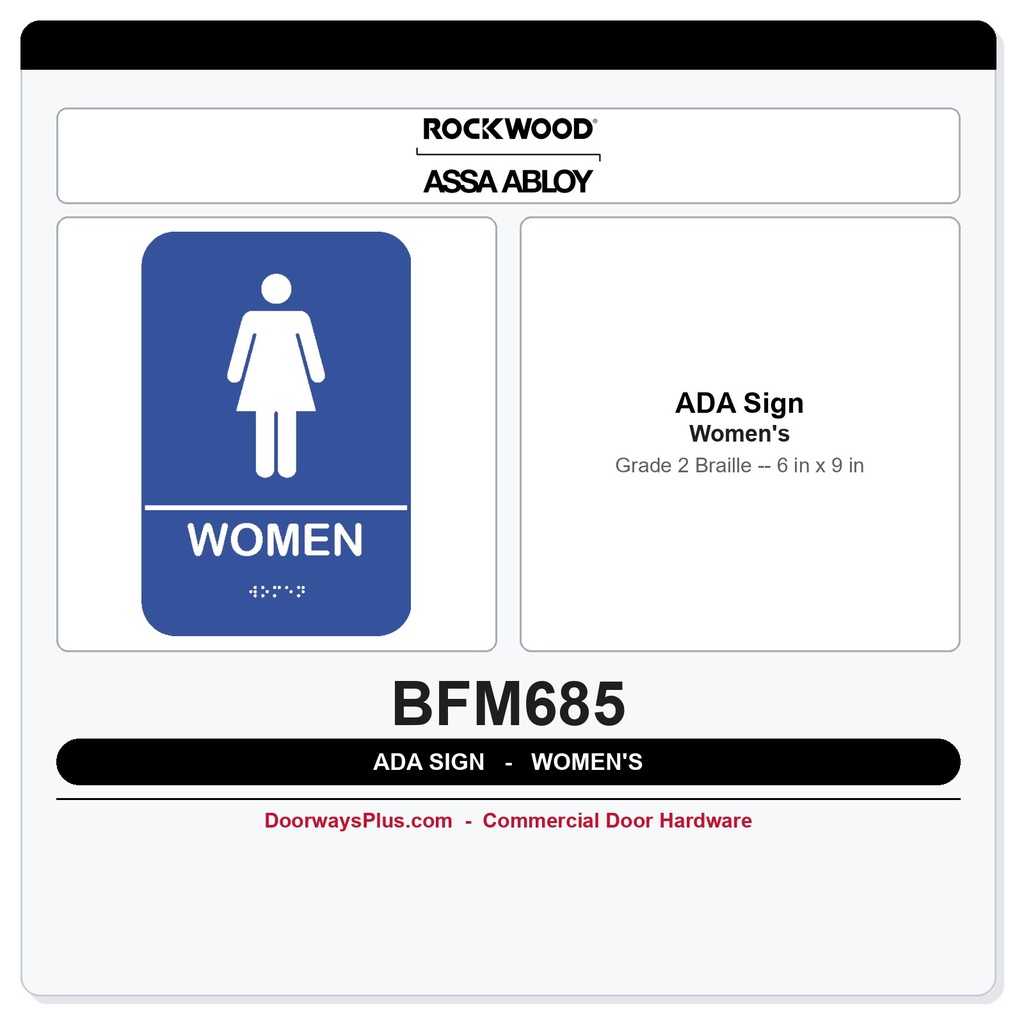 Rockwood BFM685 Women Restroom ADA Tactile Sign | Grade 2 Braille, 6"x9"
