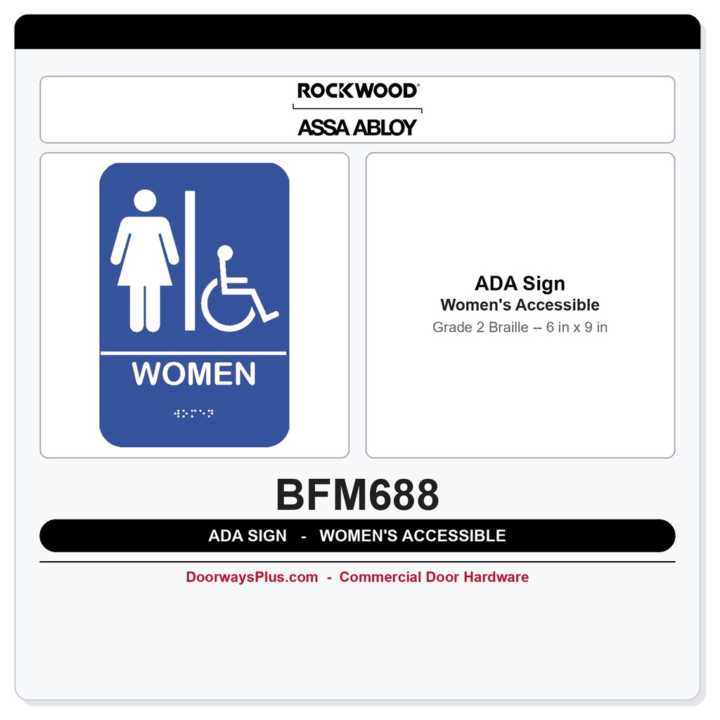 Rockwood BFM688 ADA Women Restroom Sign – Tactile Braille, 6"x9", Blue or Black
