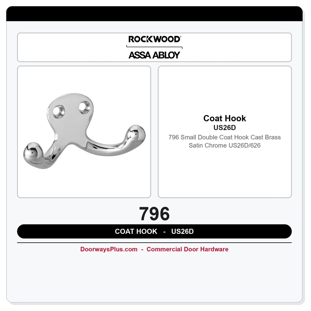 Rockwood 796 Small Double Coat Hook | Cast Brass | Satin Chrome US26D/626