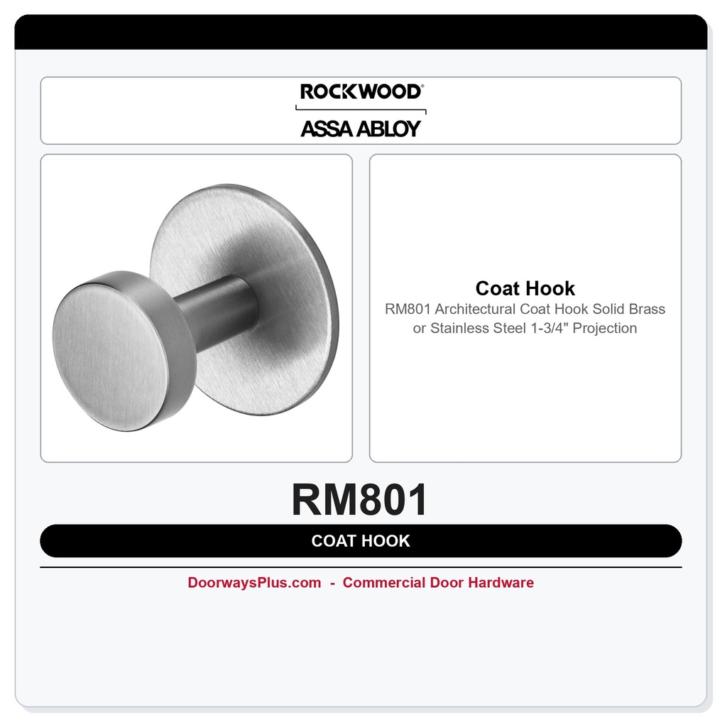 Rockwood RM801 Architectural Coat Hook | Solid Brass or Stainless Steel | 1-3/4" Projection
