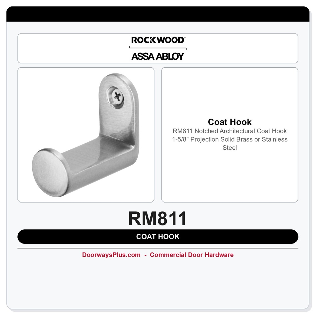 Rockwood RM811 Notched Architectural Coat Hook | 1-5/8" Projection | Solid Brass or Stainless Steel