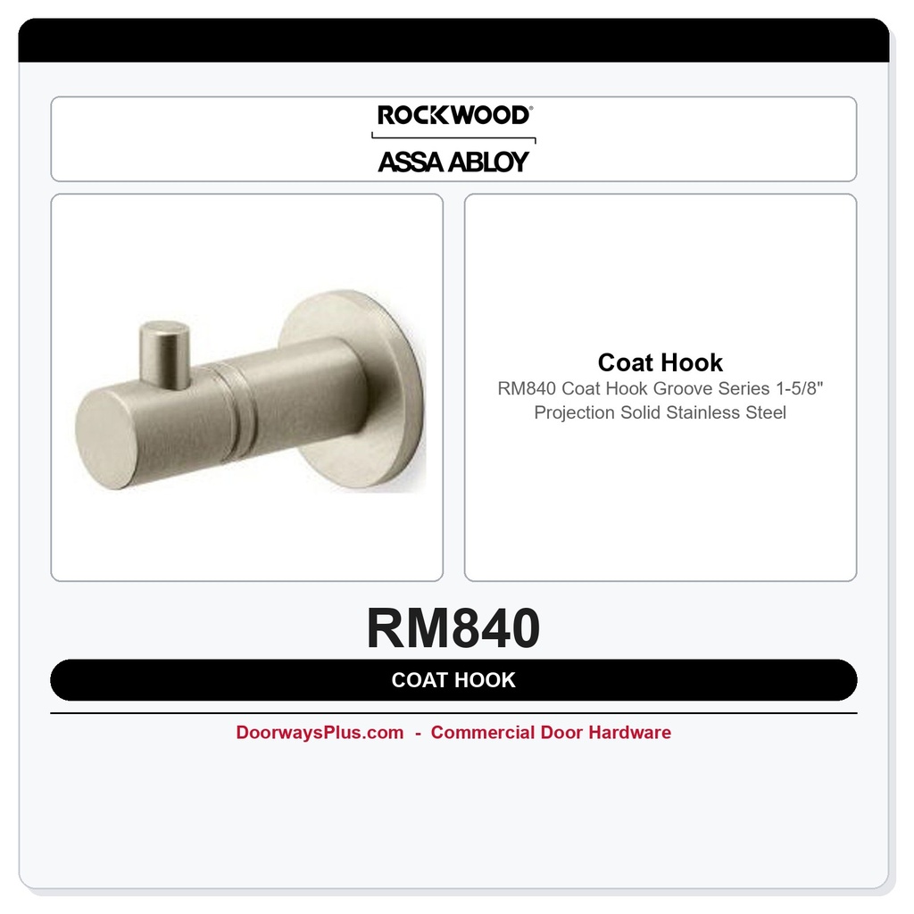 Rockwood RM840 Coat Hook | Groove Series | 1-5/8" Projection | Solid Stainless Steel