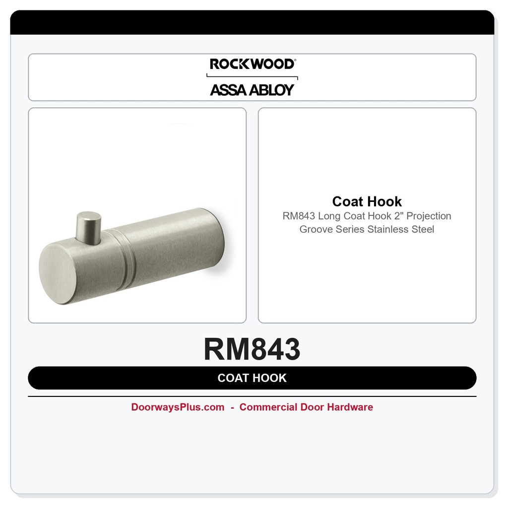 Rockwood RM843 Long Coat Hook | 2" Projection | Groove Series | Stainless Steel