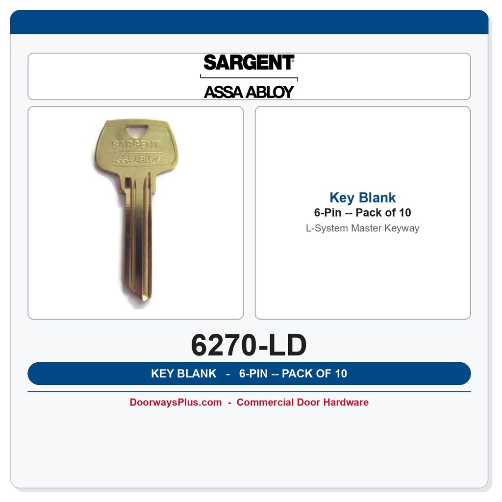 Sargent 6270 LD 6-Pin Key Blank, L Keyway Master Section – Pack of 10