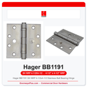 Hager BB1191 SH NRP 4-1/2x4-1/2 Stainless Ball Bearing Hinge | Safety Stud & Non-Removable Pin US32D
