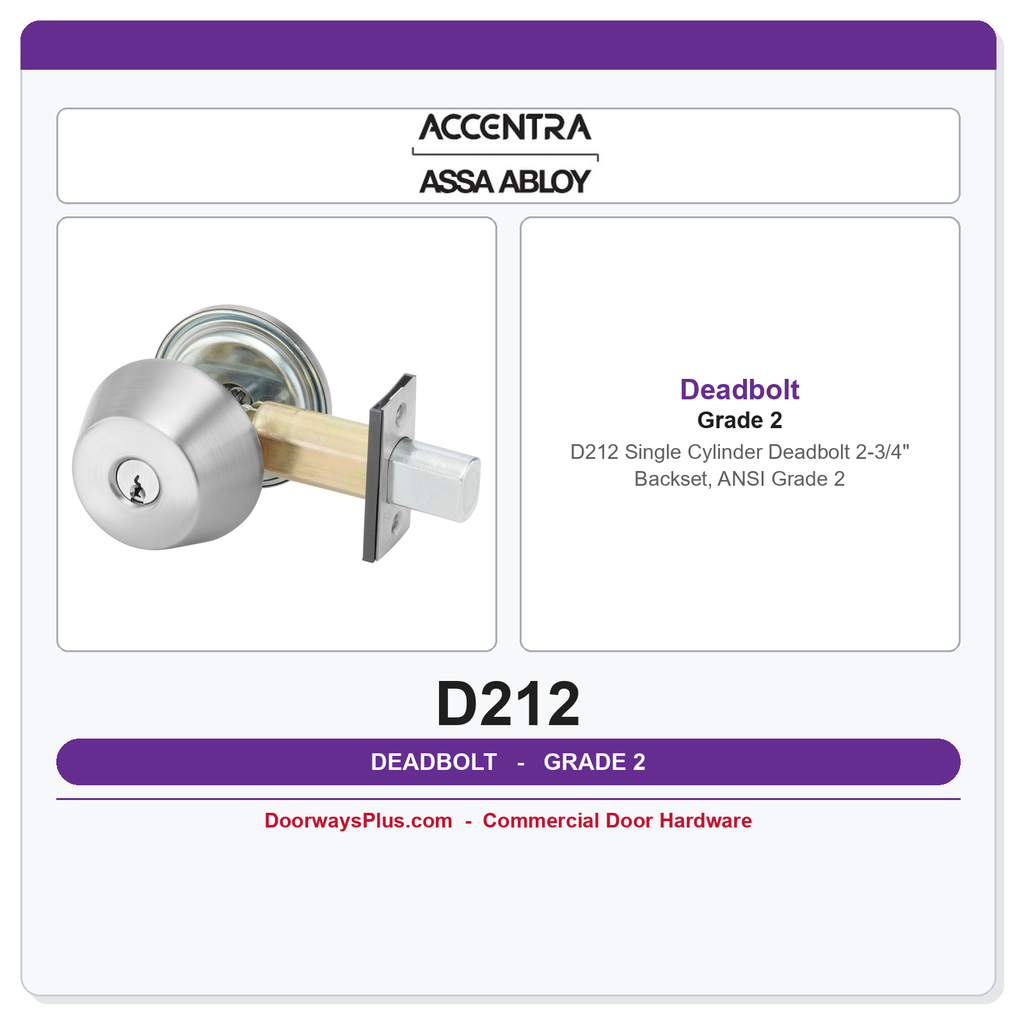 Accentra D212 Single Cylinder Deadbolt – 2-3/4" Backset, ANSI Grade 2
