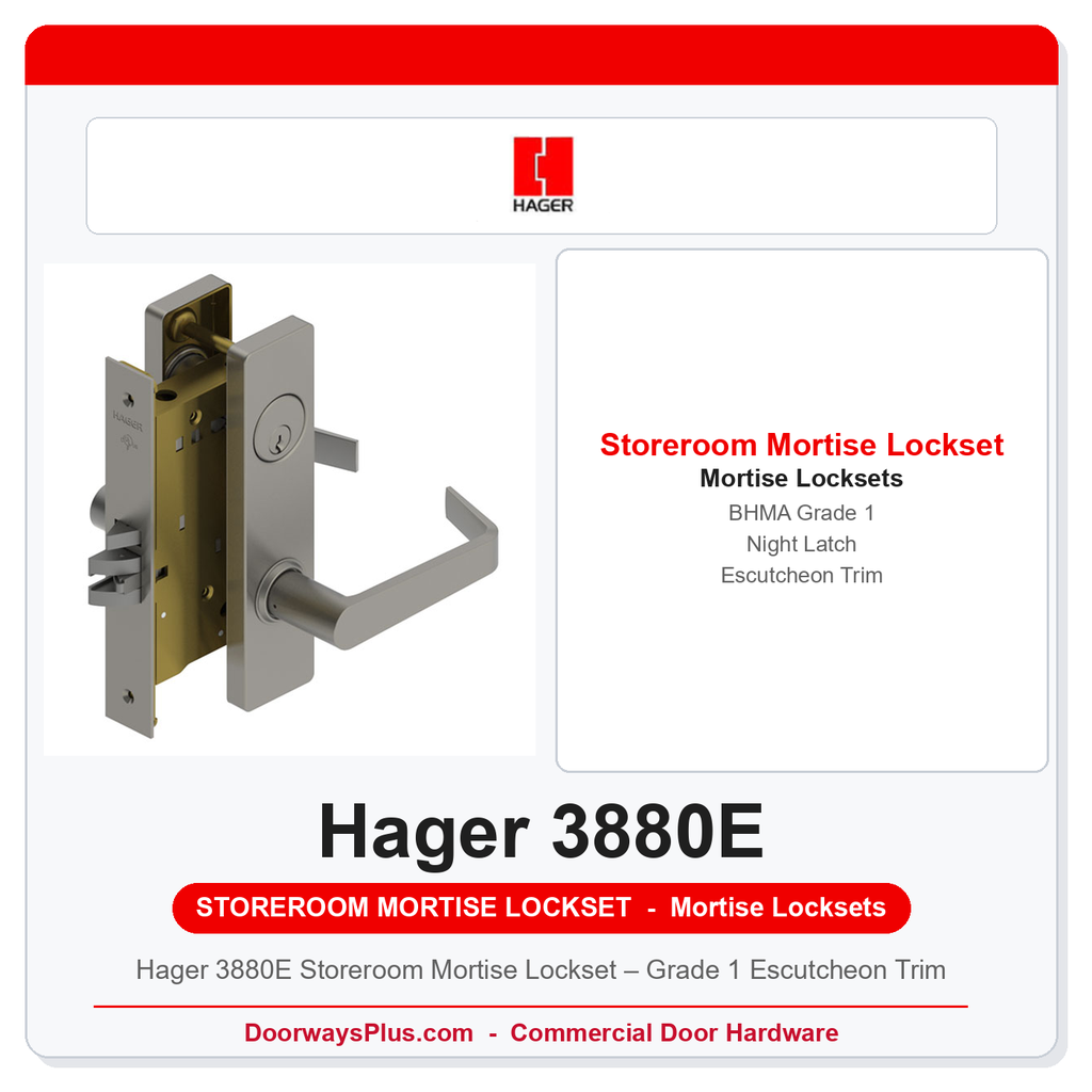 Hager 3880E Storeroom Mortise Lockset – Grade 1 Escutcheon Trim