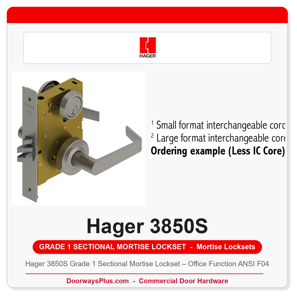 Hager 3850S Grade 1 Sectional Mortise Lockset – Office Function ANSI F04