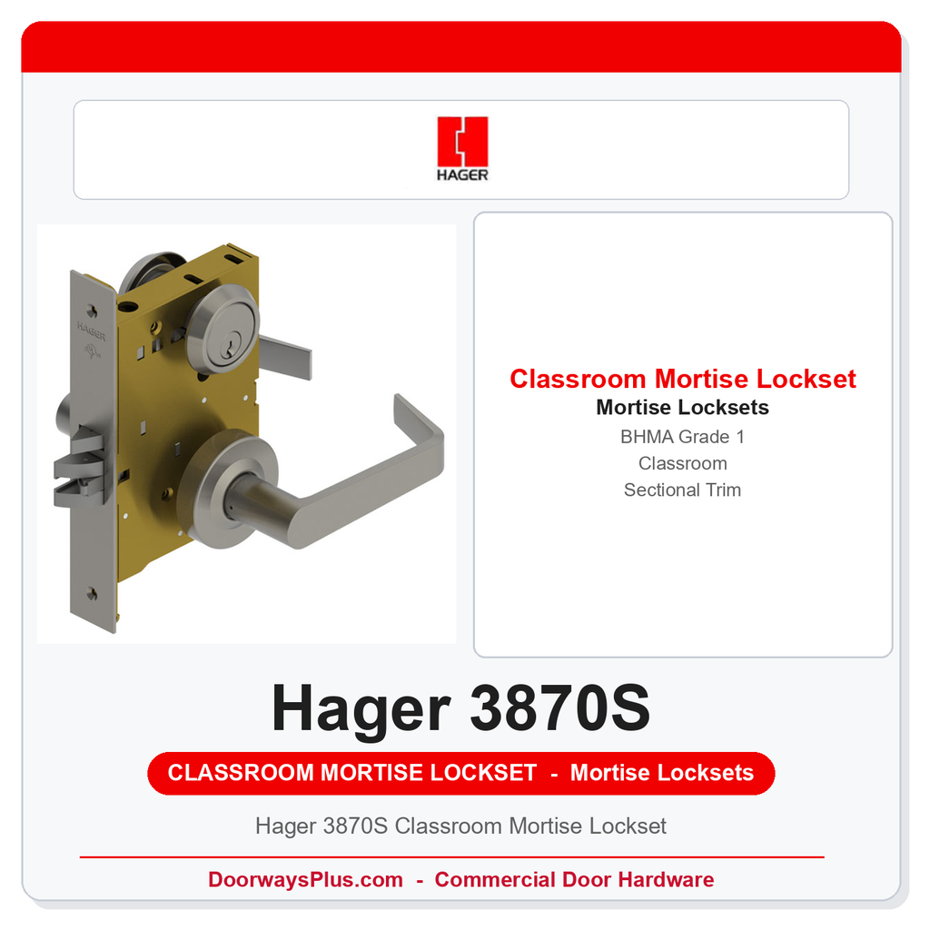 Hager 3870S Classroom Mortise Lockset | ANSI F05 Grade 1 Sectional Trim