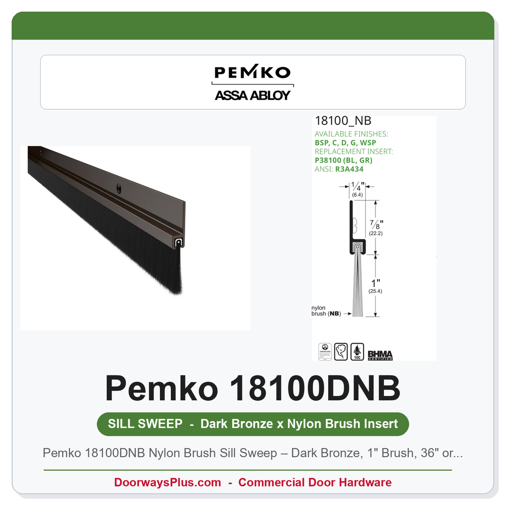 Pemko 18100DNB Nylon Brush Sill Sweep – Dark Bronze, 1" Brush, 36" or 48"
