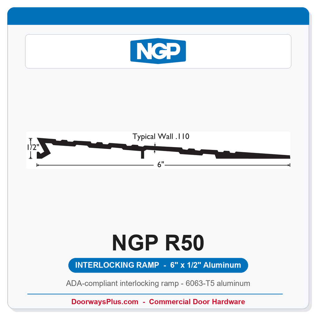 NGP R50 ADA Interlocking Aluminum Ramp Threshold 6" Wide x 1/2" High – Fire Rated