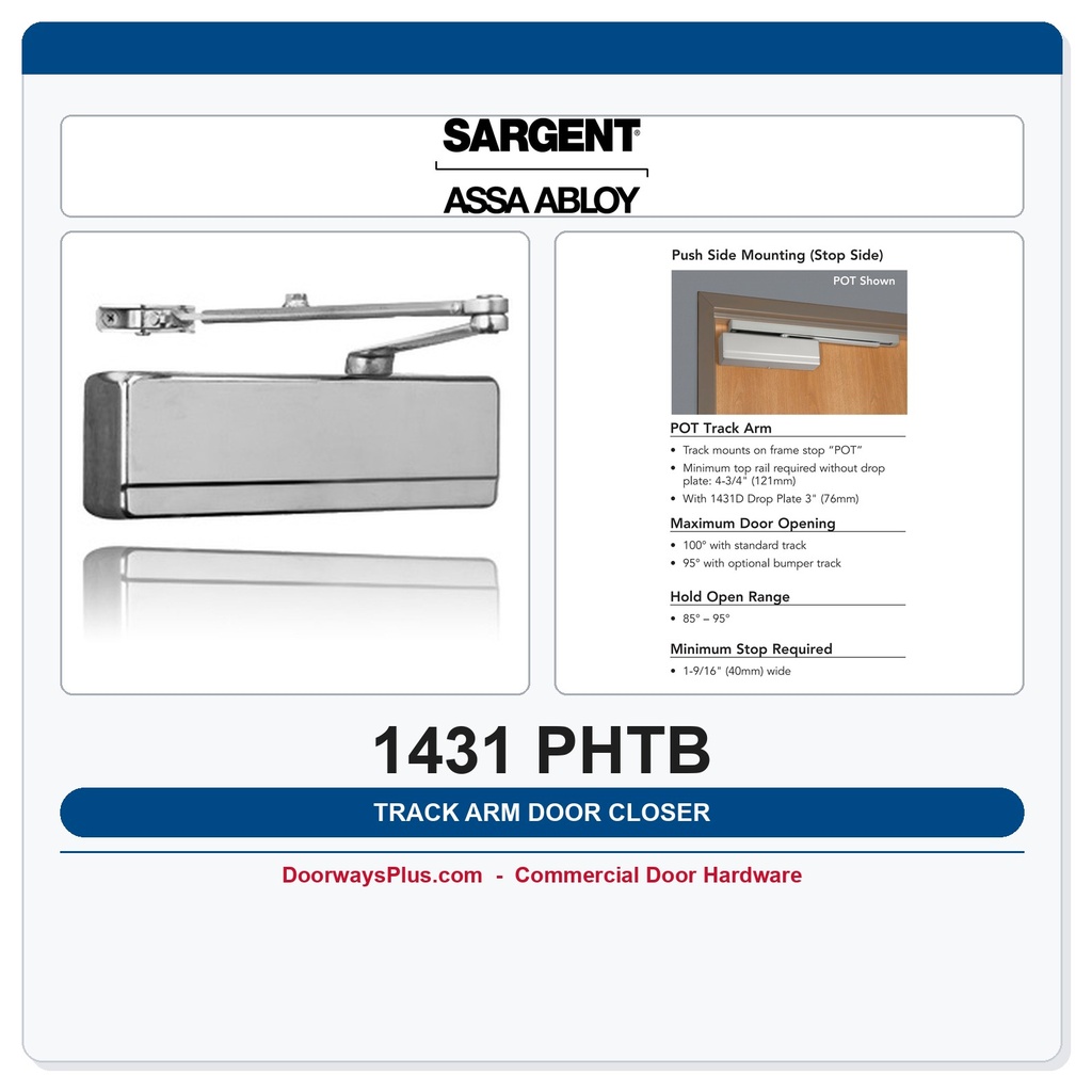 Sargent 1431 PHTB Powerglide Door Closer | Push Side Hold Open Track Arm with Bumper