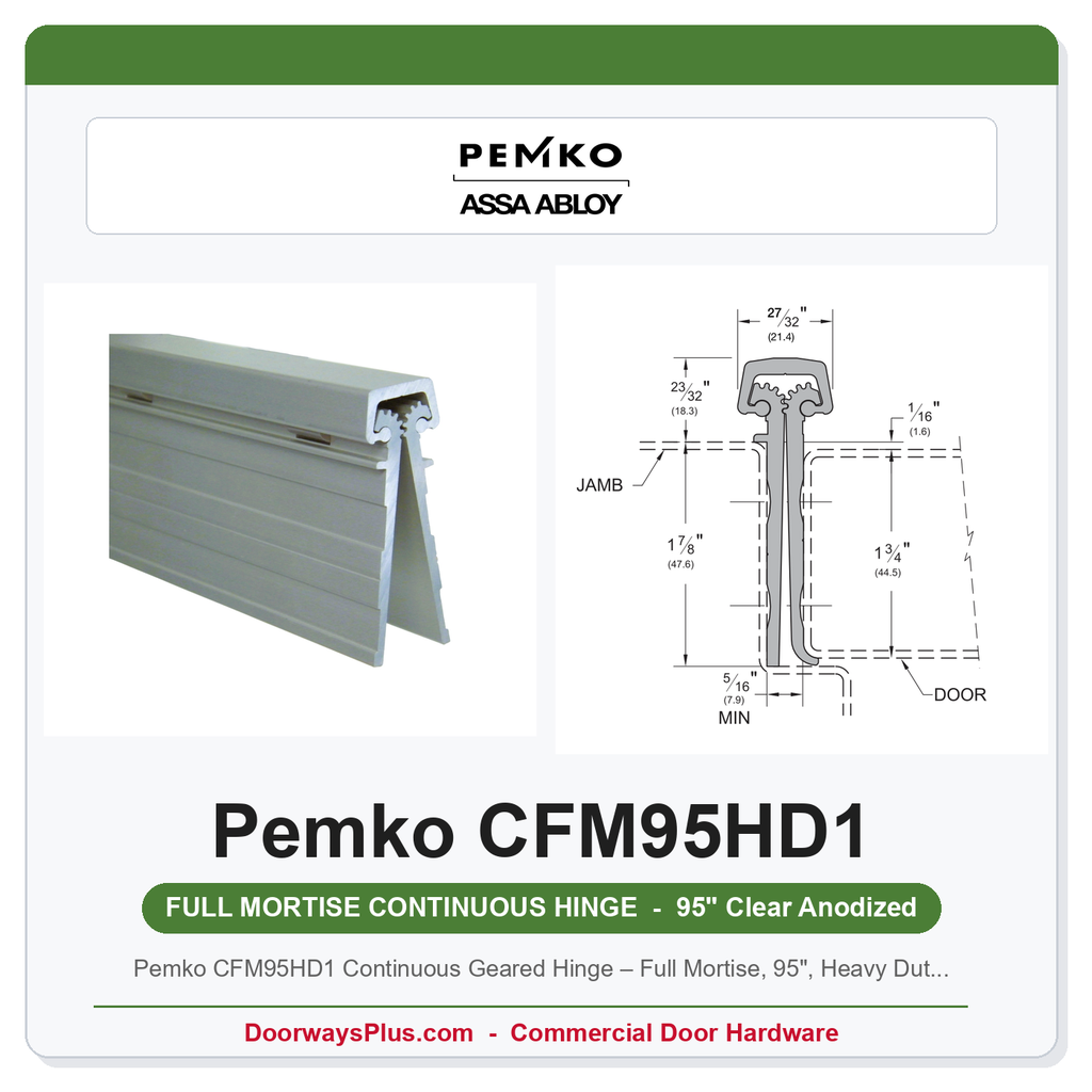 Pemko CFM95HD1 Continuous Geared Hinge – Full Mortise, 95", Heavy Duty, Clear Anodized