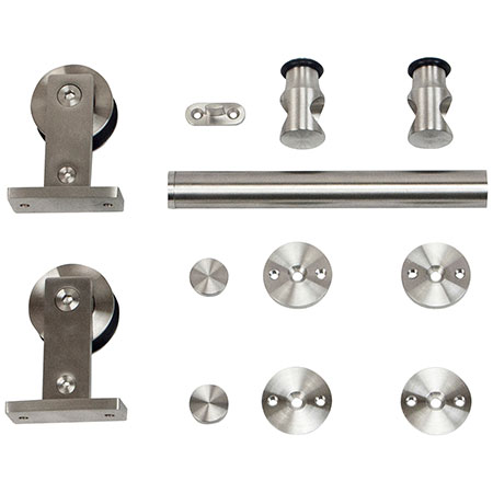 Hager 9432 Stainless Steel Barn Door Track Set and Hardware Kit with Round Rail Track and Top Mount Hangers for Wood Doors