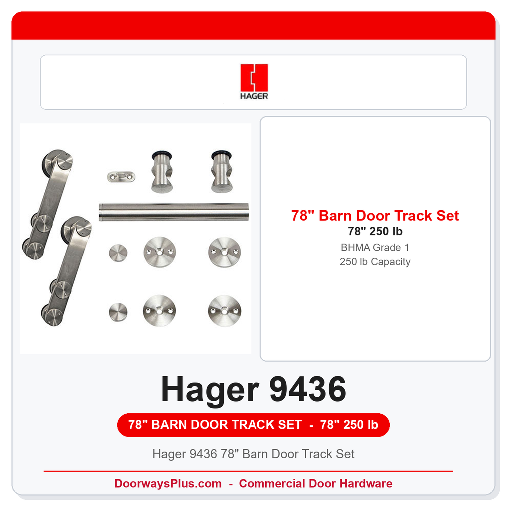 Hager 9436 78" Barn Door Track Set | 304 SS Round Rail, ANSI/BHMA Grade 1, 250 lb